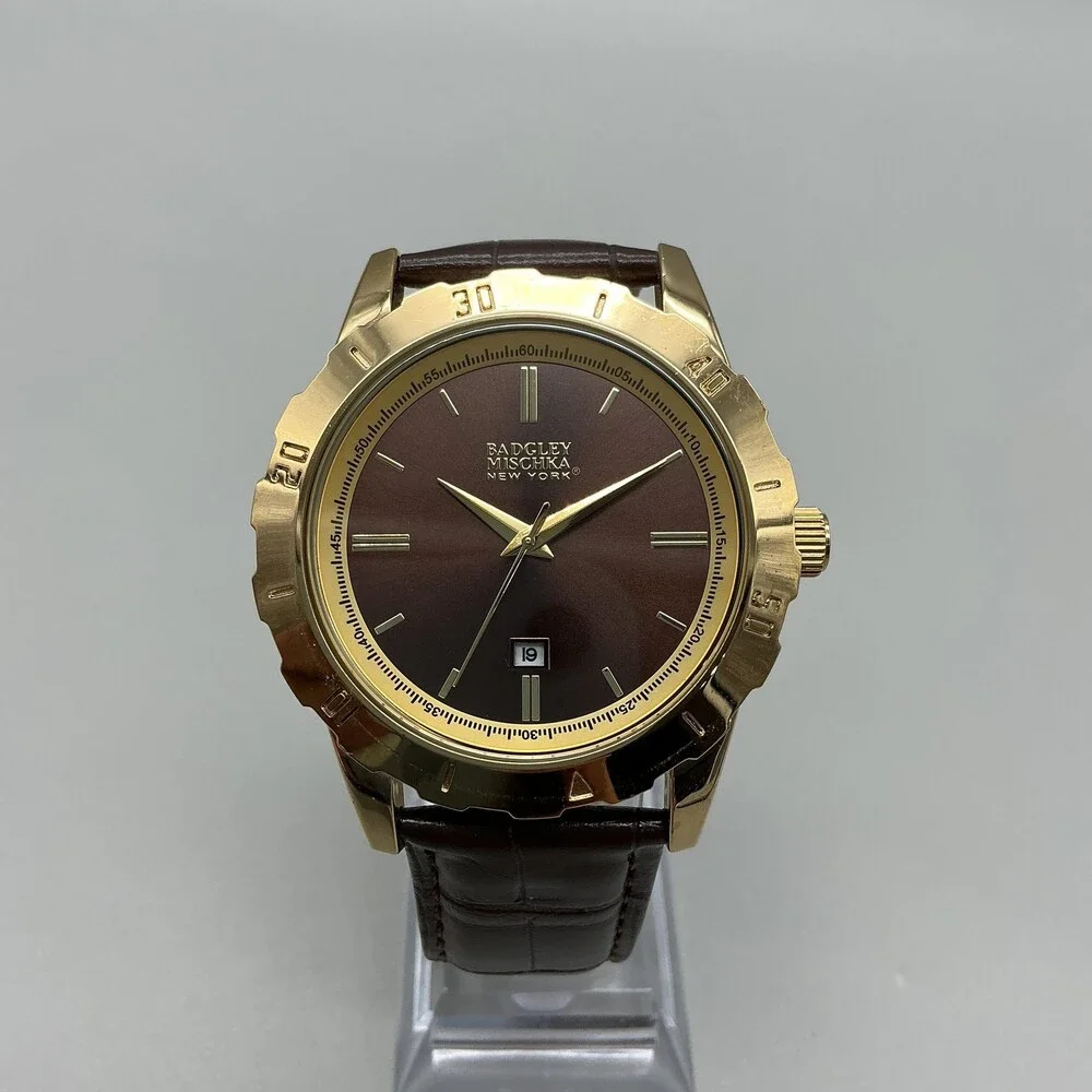 Badgley Mischka Mens Watch 44mm Brown Dial Date Gold Tone Leather Band